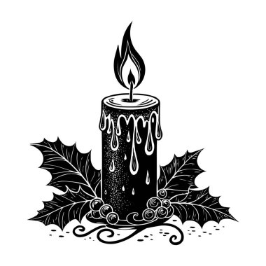 Black and White Candle Vector Illustration with Dripping Wax ve Holly Leaves. Kutsal yapraklar ve böğürtlenlerle çevrili yanan bir mumun zarif siyah beyaz temsili. Noel için mükemmel.