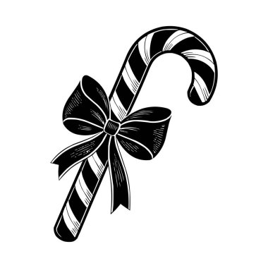 Siyah ve Beyaz Noel Şeker Çubuğu ve Fiyonk Bayram Tasarımı. Bu siyah ve beyaz vektör illüstrasyonunda dekoratif yay ve şenlikli yıldız aksanıyla süslenmiş klasik bir Noel şekeri kamışı yer alıyor. Tatil için mükemmel bir tasarım.