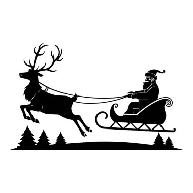 Siyah ve Beyaz Noel Baba, Ren Geyiği ile Kızak Turu, Noel Tatili Vektörü. Bu siyah-beyaz çizim, Noel Baba 'nın ren geyiği tarafından çekilen kızağa bindiği festival sahnesini çekiyor. Tasarım Noel temalı için mükemmel.