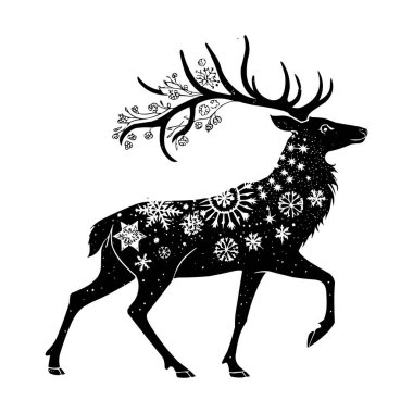 Noel Ren Geyiği Vektör Çizimi Siyah ve Beyaz Süslü Kar Taneli Geyiği Silueti. Kar taneleri ve şenlikli süslemelerle süslenmiş zarif siyah-beyaz ren geyiği çizimi. Kış tatili için mükemmel.