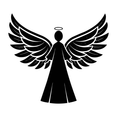 Melek Silueti Vektör İllüstrasyonu Siyah ve Beyaz Kanatlı Melek ile Noel için Halo ya da Dini Tasarım. Zarif siyah-beyaz melek silueti vektörü geniş ayrıntılı kanatları ve halesi olan zarif bir figür. Noel için mükemmel.