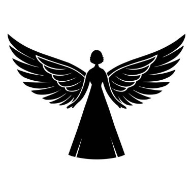 Melek Silueti Vektör İllüstrasyonu Siyah ve Beyaz Kanatlı Melek ile Noel için Halo ya da Dini Tasarım. Zarif siyah-beyaz melek silueti vektörü geniş ayrıntılı kanatları ve halesi olan zarif bir figür. Noel için mükemmel.