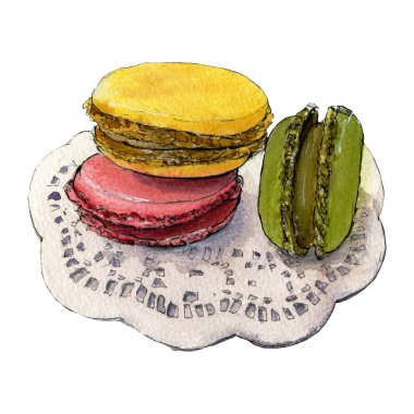 Suluboya ve çizgilerle limon, şam fıstığı ve çilekli kurabiyeler. El çizimi çizimi, afiş, mutfak dekorasyonu, havlu, tişört, el çantası, kartlar, menü için beyaz arka planda izole edilmiş. 