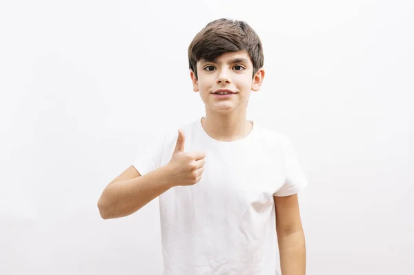 Dark Haired Little Child Happy Big Smile Doing Sign Thumb — Stock Photo, Image