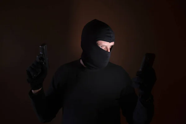 Series Caucasian Burglar Breaking House Gun Smart Phone Hand — Stock Photo, Image