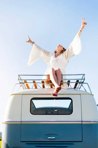 Happy Woman Raising Arms Top Her Pickup Van — Stock Photo, Image