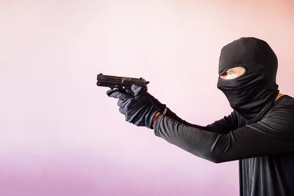 Robber Man Dressed Black Gun — Stock Photo, Image