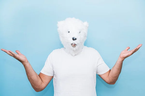 Homem Com Máscara Urso Polar Abrindo Braços — Fotografia de Stock