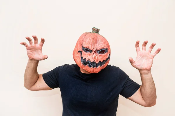 Man Pumpkin Mask Showing Palms His Hands Terrified — Stock Photo, Image