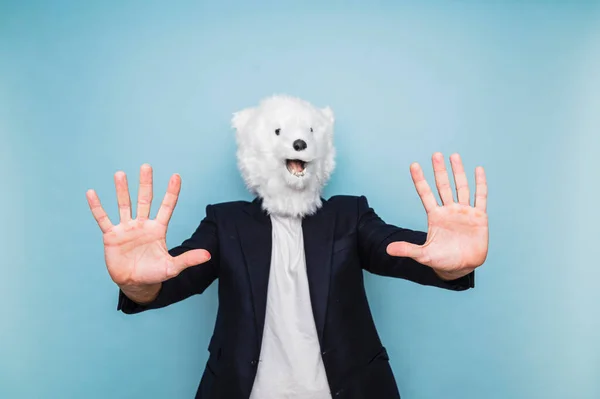 Hombre Con Una Máscara Oso Polar Mostrando Palma Sus Manos — Foto de Stock