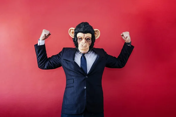 Businessman in euphoric monkey mask raising his fists.