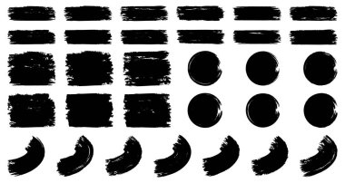 Mürekkep fırçası darbeleri. Grunge Fırça darbeleri hazır. Düz çizgi vektör fırça darbeleri. Siyah el çizgileri, lekeler, pürüzlü kalın boya dokusu. Boyalı tebeşir fırçaları