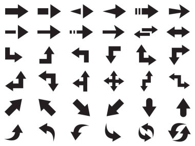 Ok simgeleri seti. Ok imleci koleksiyonu. Doddle oku hazır. Beyaz zemin üzerinde izole edilmiş düz farklı oklar. Ok at. UI veya web tasarımı için vektör okları koleksiyonu. Farklı ok işaretleri