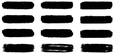 Fırça darbesi. Mürekkep fırçası darbeleri. Grunge Fırça darbeleri hazır. Düz çizgi vektör fırça darbeleri. Siyah el çizgileri, lekeler, pürüzlü kalın boya dokusu. Boyalı tebeşir fırçaları. Soyut grunge fırça darbesi seti.