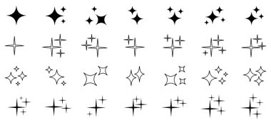 Işıltılı Simgeler ayarlandı. Parıldayan yıldızlar koleksiyonu. Parlak yıldız simgeleri. Bir dizi parlak Vektör yıldızı. Katran parlayan ikon, yanıp sönen yıldız, kıvılcımlar ve parıldayan şekiller. Parıldayan yıldız simgeleri. Simgeleri parlat. Yıldızlar vektör parıldar