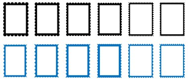 Posta pulu yerleştirildi. Boş posta pulları. Posta pulu çerçevesi ve sınır. Zigzag kenarı ve deniz tarağı kenarı. Zigzag kenarlı dikdörtgen şekil.