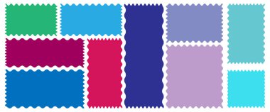 Dikdörtgen şekilli çerçeve, zikzak kenarlı. Zigzag seti ve renkli şekiller. Bulutlu dalga eğrisi kenar çerçeve vektörü