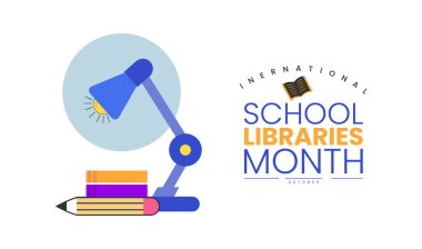 Uluslararası Okul Kütüphaneleri Ayı. Bayram etkinliği. Kitap rafları, Kitap Simgeleri Çalışma Elementleri ve Öğrenme Sembolleri ile Tasarım Şablonu. Eğitim Afişi Şablonu ve Okuma Bilinci Kampanyası