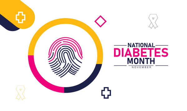 National Diabetes Month Poster Banner and Background Abstract Design Template with Blue Circle and Glucometer Illustration for Health Awareness Medical Prevention and Blood Sugar Education Campaign