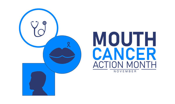 Mouth Cancer Action Month Poster Banner and Background Abstract Design Template with Blue Ribbon and Mouth Illustration for Oral Health Awareness Medical Prevention and Dental Care Campaign
