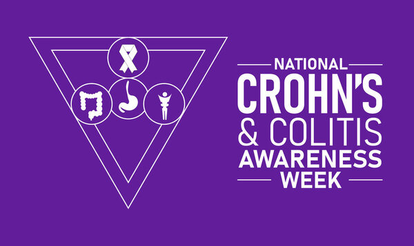 Crohns and Colitis Awareness Week Poster Banner and Background Abstract Design Template with Purple Ribbon and Intestine Illustration for Digestive Health Awareness Education and Medical Support Campaign