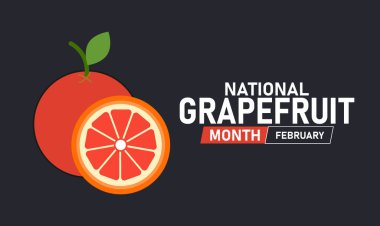 Ulusal Greyfurt Ayı Poster Afişi ve Arkaplan Tasarım Şablonu Taze Greyfurt Dilimleri, Citrus Simgeleri ve Beslenme Kutlaması Sağlıklı Yemek İllüstrasyonu ve Şubat Meyve Festivali Teması