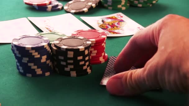 Ace and King in his hand, poker chips — Stock Video