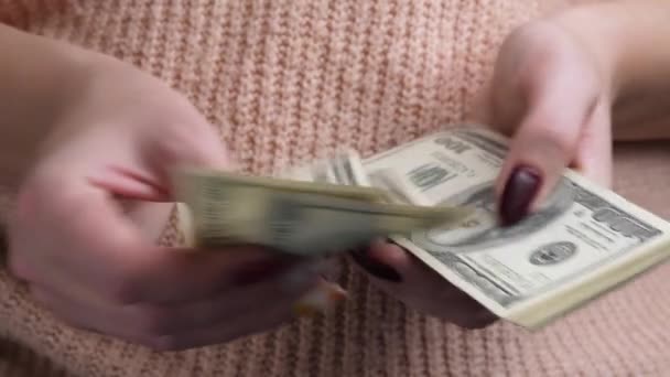 Manos femeninas contando billetes de US Dollar — Vídeos de Stock