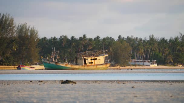 Ржавый корабль сел на мель на пляже — стоковое видео