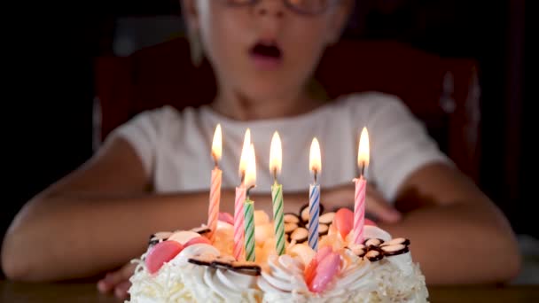 Menina bonito soprando velas em seu aniversário — Vídeo de Stock
