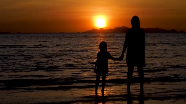 Мама з дочкою дивляться на "Драматичний захід" на пляжі. — стокове відео