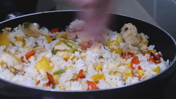 Gotuje ręcznie sól warzywna gulasz na patelni na gorącym piecu — Wideo stockowe