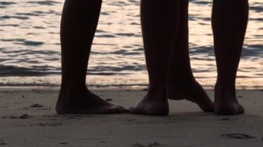 Mutlu romantik çift plajda okyanus veya denizin keyfini çıkarıyor.