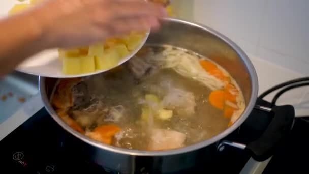 A háziasszony ételt készít ebédre a családnak, és krumplit ad a csirkeleves mellé. — Stock videók