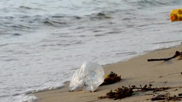 Plastikflaschen am Sandstrand — Stockvideo