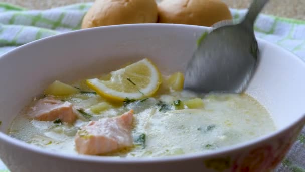 Erişteli çorba, haşlanmış patates, kırmızı balık parçaları. — Stok video