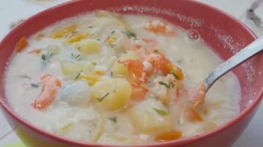 Karides ve karidesli krema çorbası, erişte, haşlanmış patates.