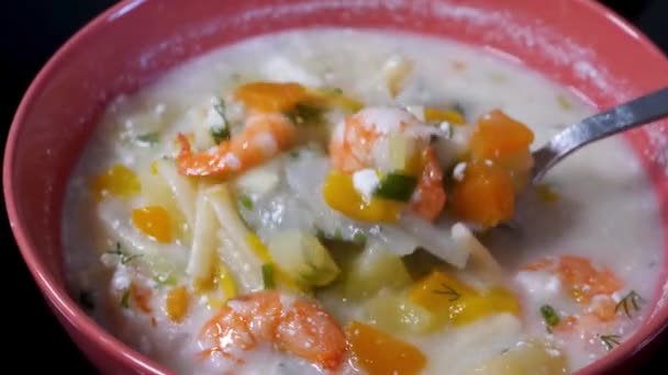 Sıcak deniz ürünleri çorbasıyla sebzeleri karıştırır. — Stok video