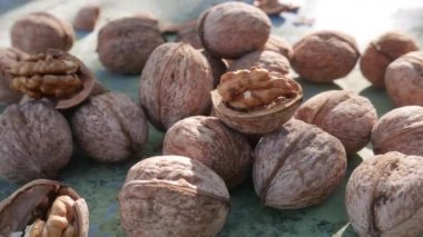 Walnut kernels and whole walnuts on rustic green old wooden table