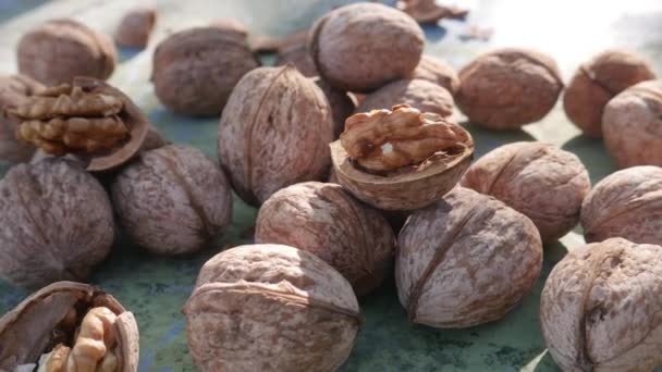 Walnut kernels and whole walnuts on rustic green old wooden table — Stockvideo