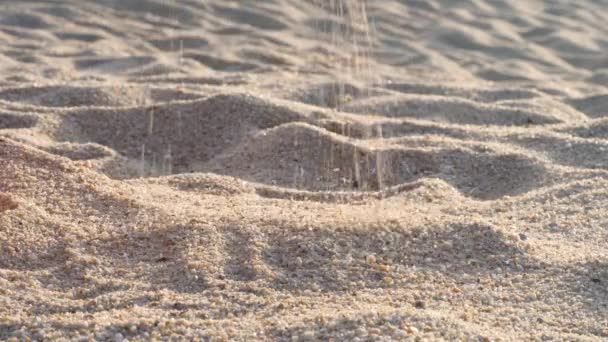 Met de hand loslatend zand dat door vingers stroomt — Stockvideo
