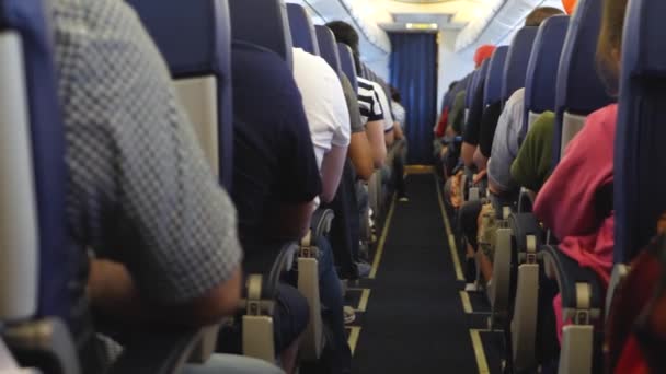 Unrecognizable passengers on seats in interior of airplane — Stock Video