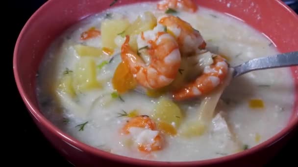 Φρέσκια σούπα θαλασσινών με βραστές γαρίδες ή φέτες κρέατος γαρίδας, noodles, βραστές πατάτες — Αρχείο Βίντεο