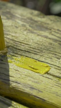 Sarı boya ahşap tahtayı fırçayla kaplıyor. Dişi el fırçayı sıkıca tutar. Her vuruşta yüzey aydınlanır. Sahne, kırsal kesimde güneşli bir günde açık hava çalışmalarını gösteriyor.