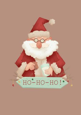 İllüstrasyon, kartpostal, posterler, elinde kurabiye ve süt olan şişman Noel Baba ve imza.