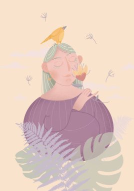 Mor çizgili kazaklı, zümrüt yeşili saçlı bir kızın elinde kalp şeklinde bir çiçek ve çıplak bırakacağı sarı bir kuş tasviri..