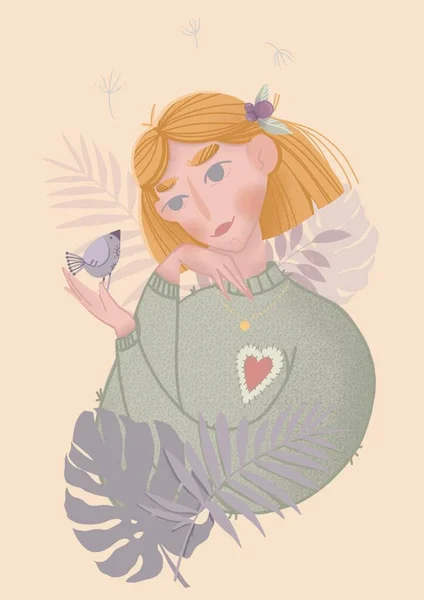 Stylová Jednoduchá Ilustrace Zobrazující Dívku Smaragdově Zelenými Vlasy Purpurovém Pruhovaném — Stock fotografie