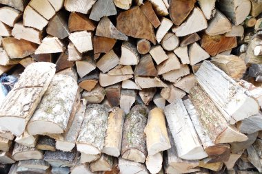 A close-up of stacked firewood logs, neatly arranged and ready for use, symbolizing warmth, sustainability, and rustic outdoor living.