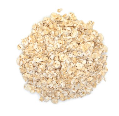 Beyaz bir arka plan üzerinde izole yulaf haddelenmiş. Üstte görüntü.