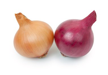 Beyaz bir backgroun izole olgun sarı ve kırmızı soğan çifti